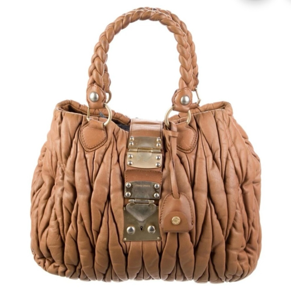 vintage MIU MIU Matelasse Pleated Leather Handle Bag. Some wear on handle.